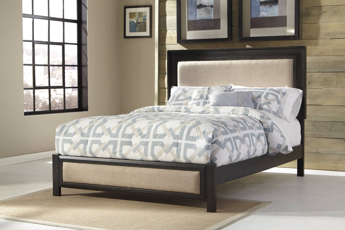 Birstrom Vintage Casual Black Wood King Upholstery Panel Bed The