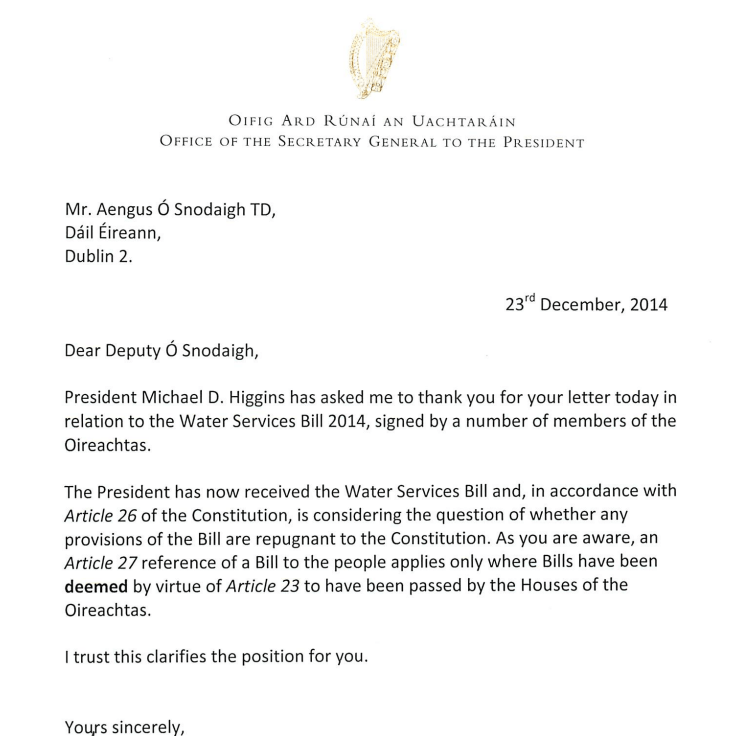 49 TDs and senators in eleventhhour appeal to Michael D over Water Bill