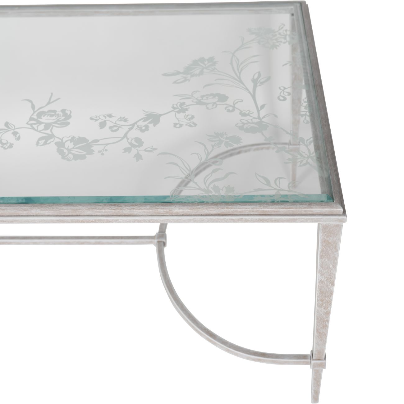 Laura Ashley Aria Etched Glass Distressed White Iron Coffee Table The