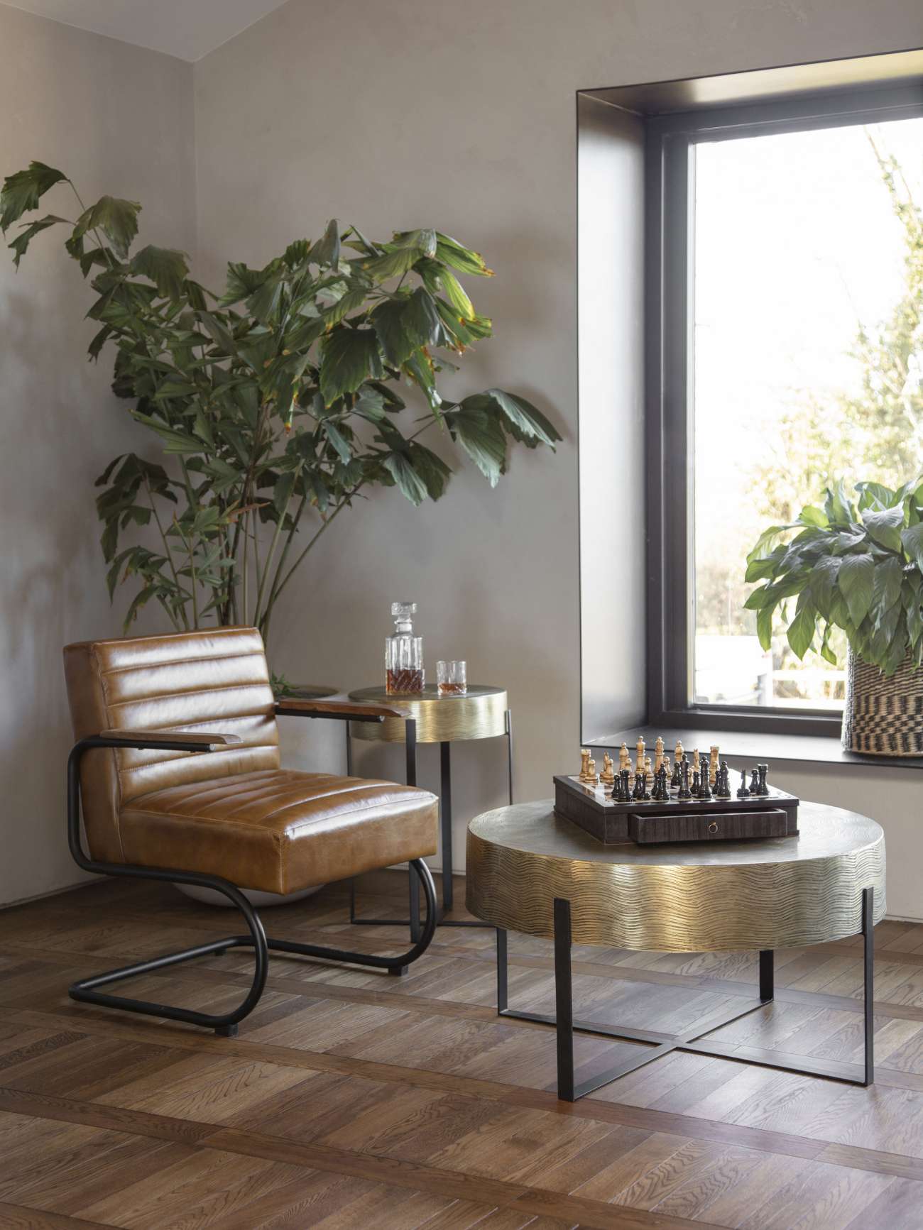 Santa Cruz Etched Brass Finish Coffee Table 82cm The Libra Company