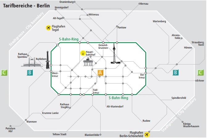 In Berlin gelten drei Tarifzonen AB, BC und ABC. Die Tar...