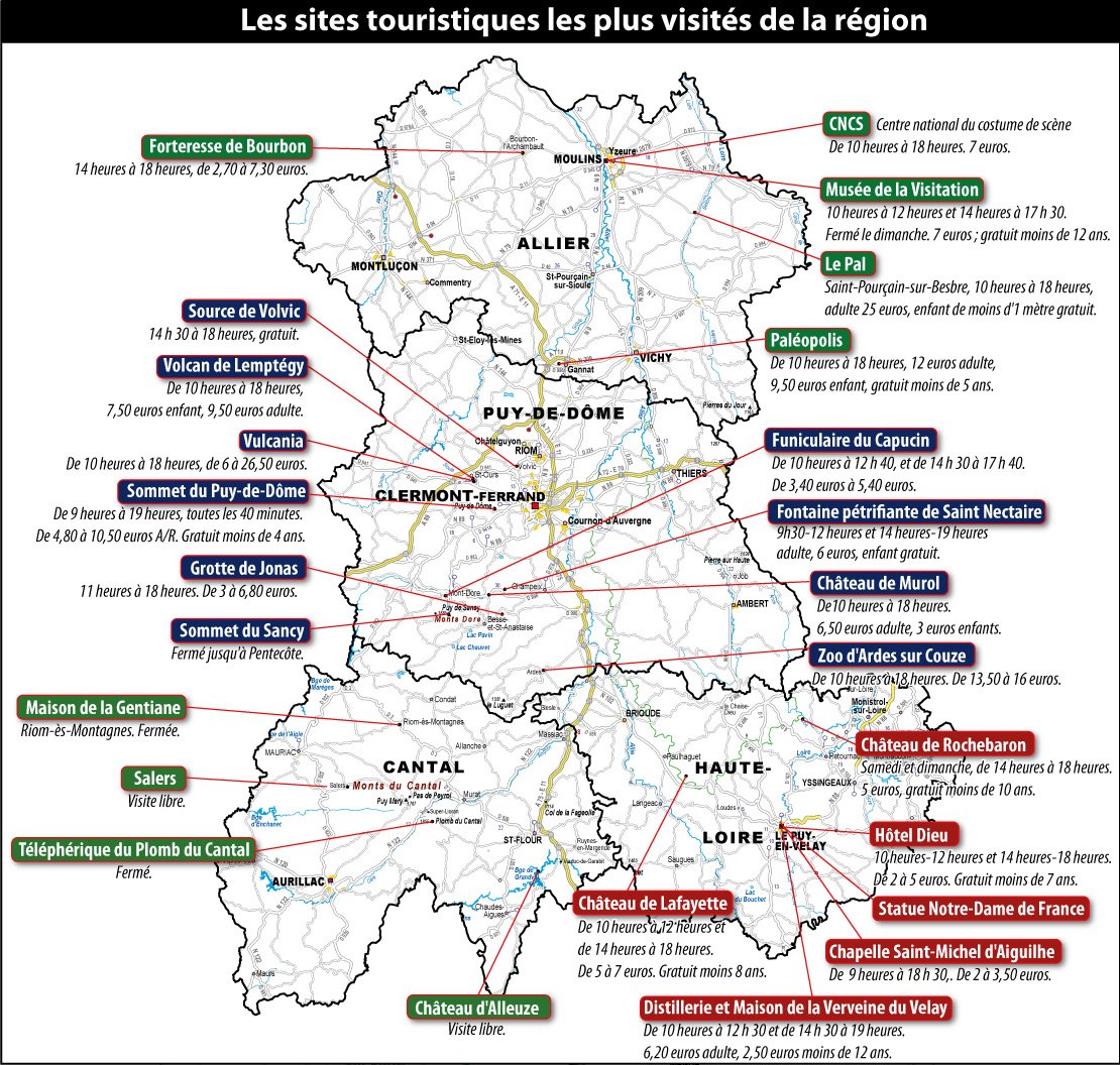 Les Défis De La Carte D' Auvergne Touristique Les principaux sites touristiques d'Auvergne