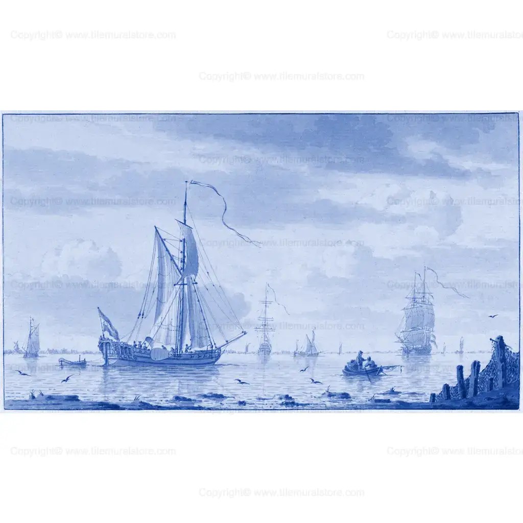 Delft Tile Mural Sailing Boats Off the Coast 1758 Tile Mural
