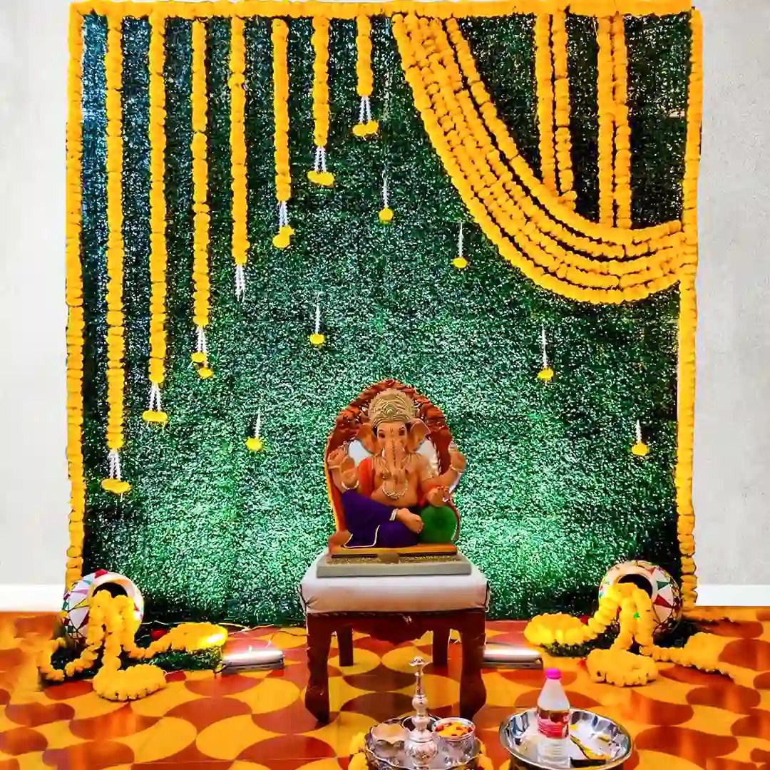 Ganpati Green Backdrop Setup Decor Ganesh Chaturthi Decoration in