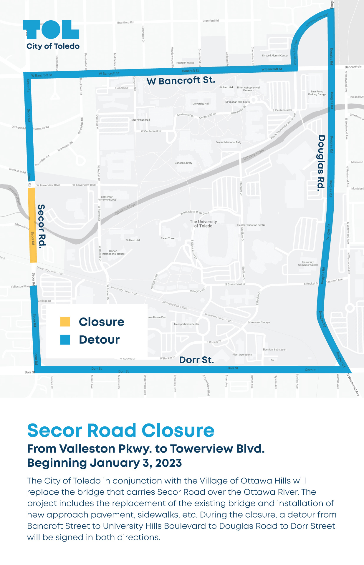 City of Toledo Secor Road Closure Begins January 3, 2023