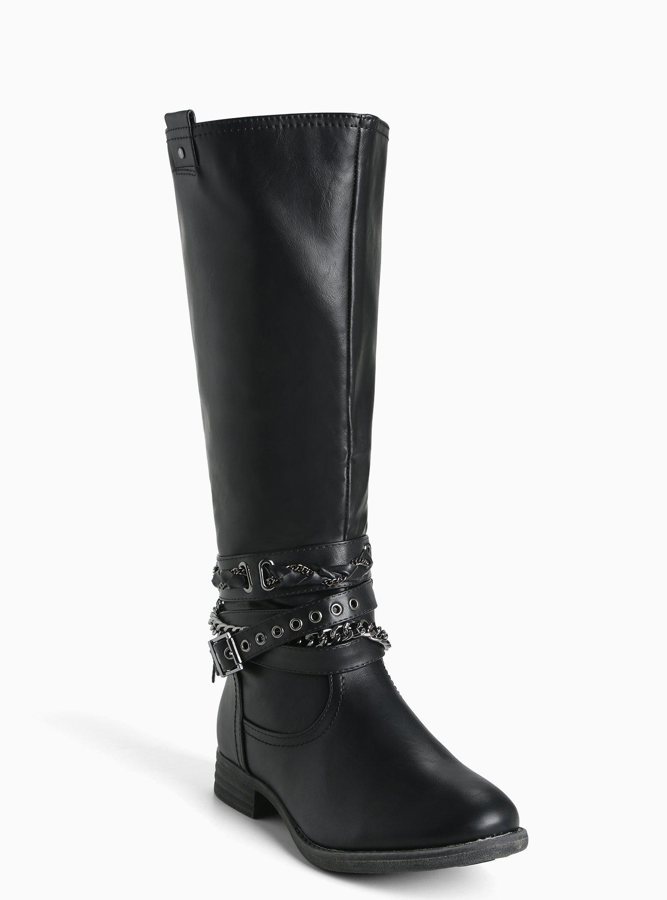 Plus Size Embellished Metal Strap Knee High Boots (Wide Width & Wide