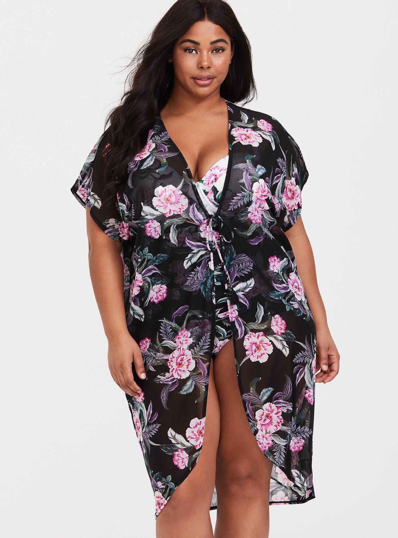 Plus Size Black Mesh Floral Kimono Swim CoverUp Torrid