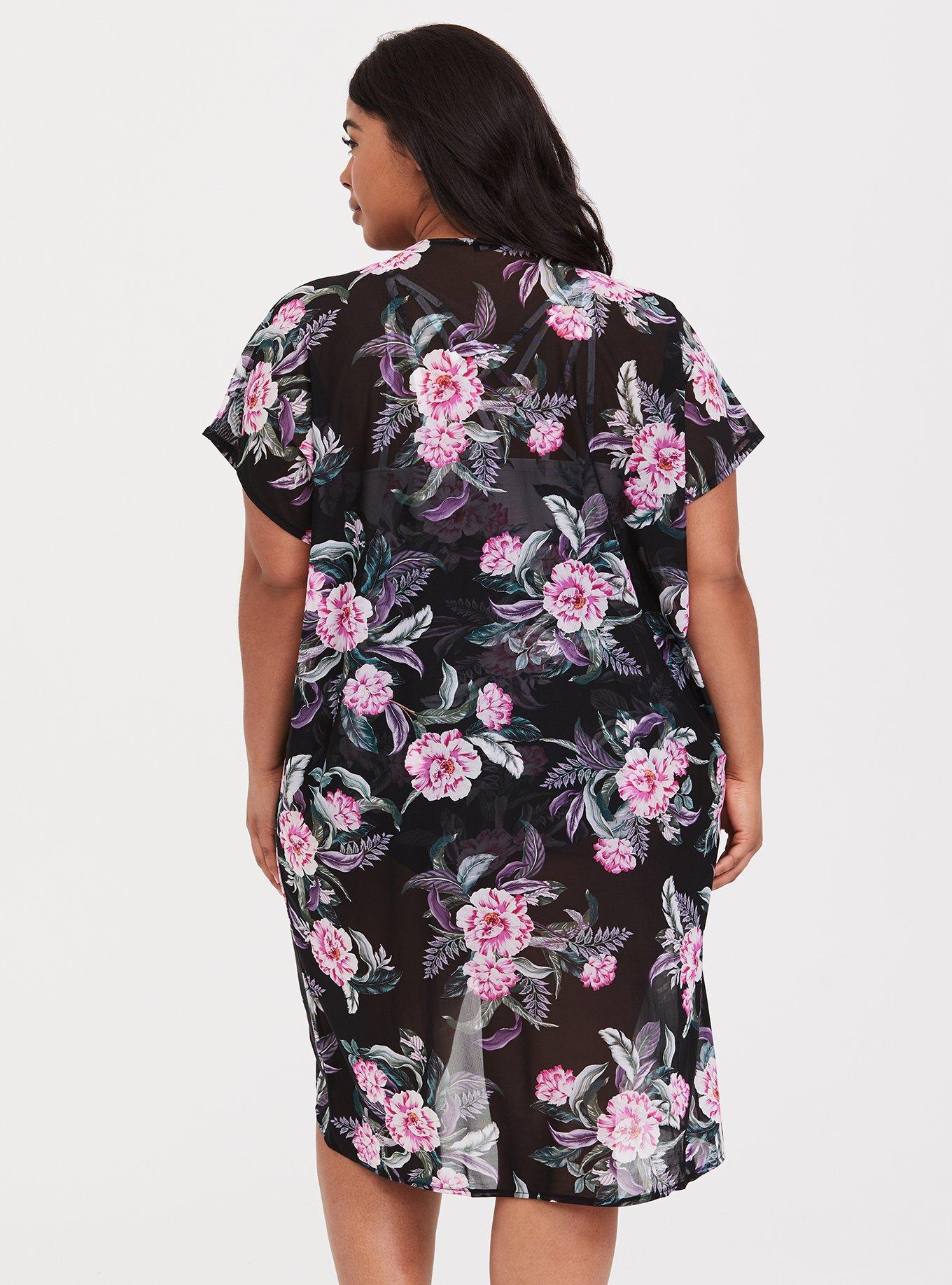 Plus Size Black Mesh Floral Kimono Swim CoverUp Torrid