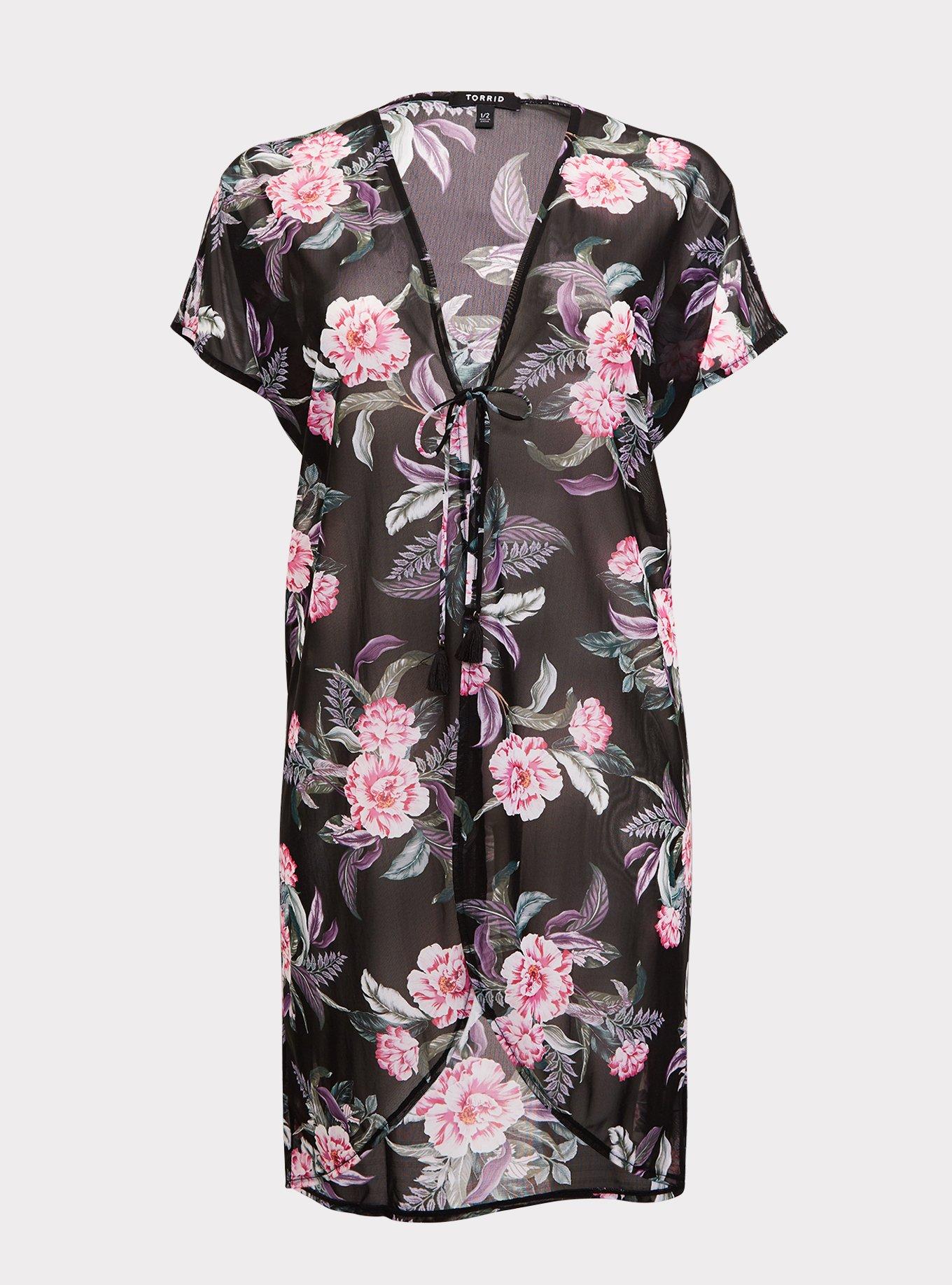 Plus Size Black Mesh Floral Kimono Swim CoverUp Torrid