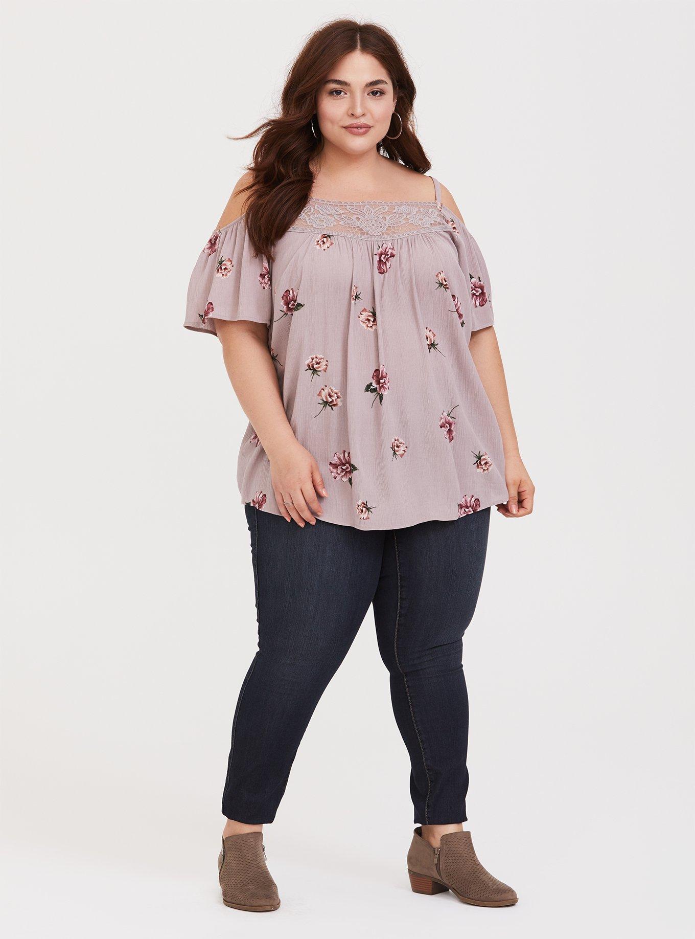 Plus Size Lilac Purple Floral Crinkle Gauze Cold Shoulder Blouse Torrid