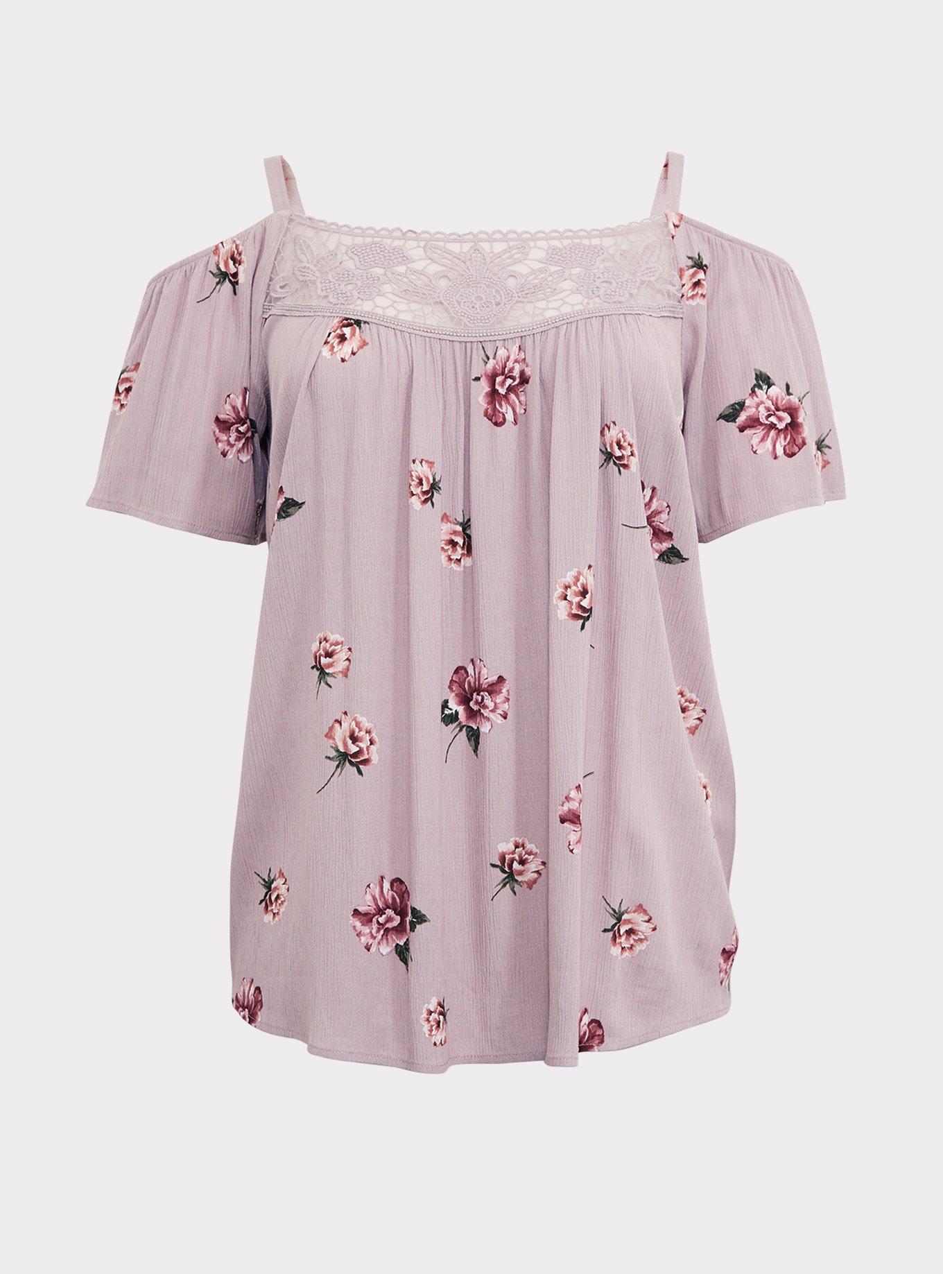 Plus Size Lilac Purple Floral Crinkle Gauze Cold Shoulder Blouse Torrid