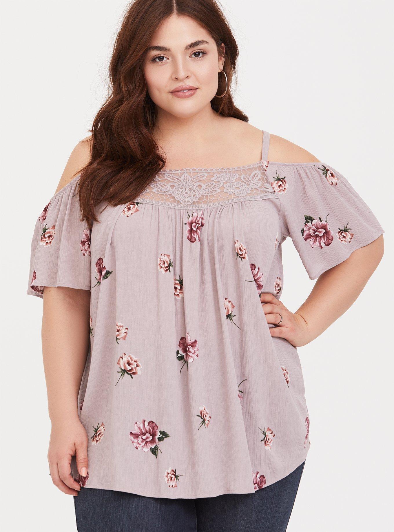 Plus Size Lilac Purple Floral Crinkle Gauze Cold Shoulder Blouse Torrid