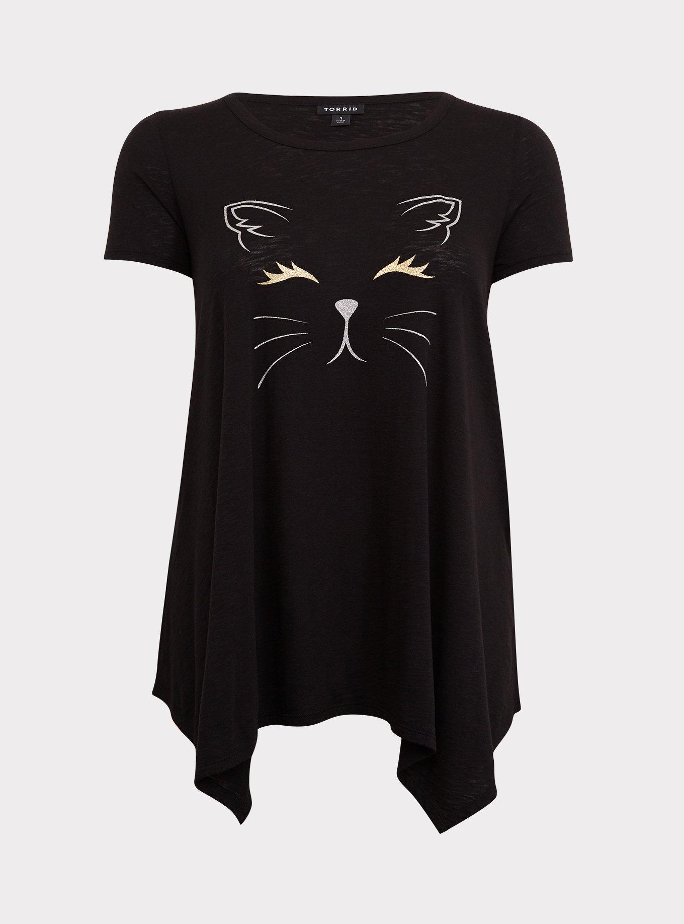 Plus Size Black Glitter Cat Face Handkerchief Tunic Tee Torrid