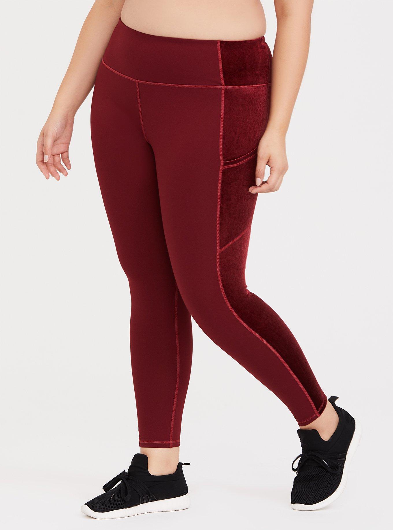 Plus Size Burgundy Red & Velvet Inset Active Legging with Pockets