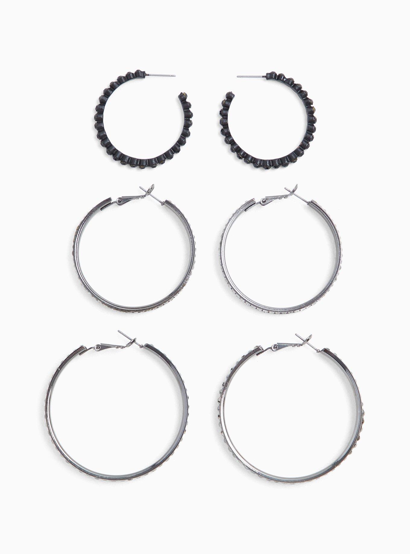 Plus Size HematiteTone Rhinestone Hoop Earrings Set Set of 3 Torrid