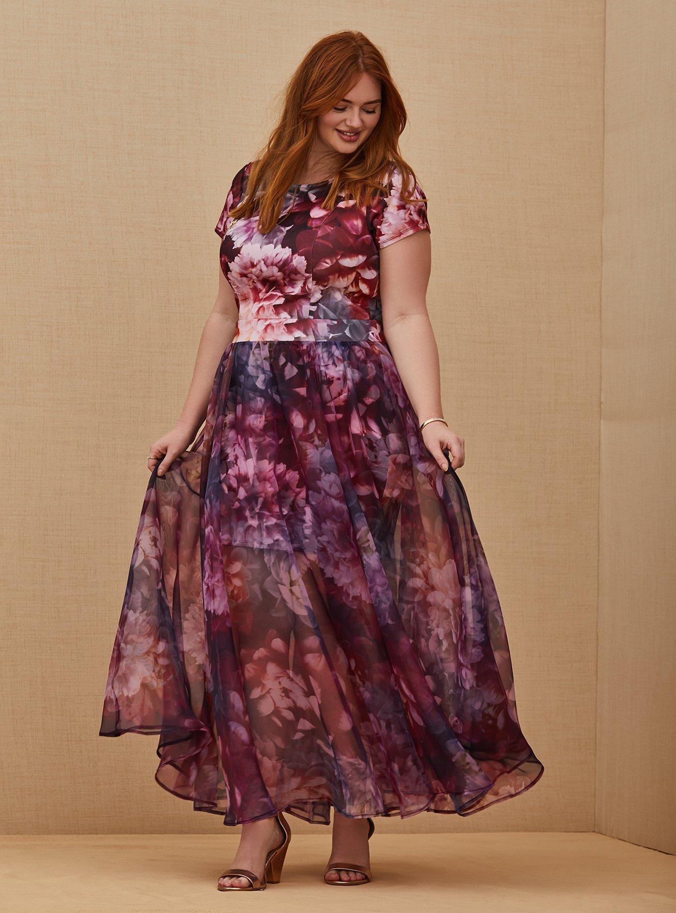 Plus Size Special Occasion Multi Floral Scuba Knit Dress & Organza