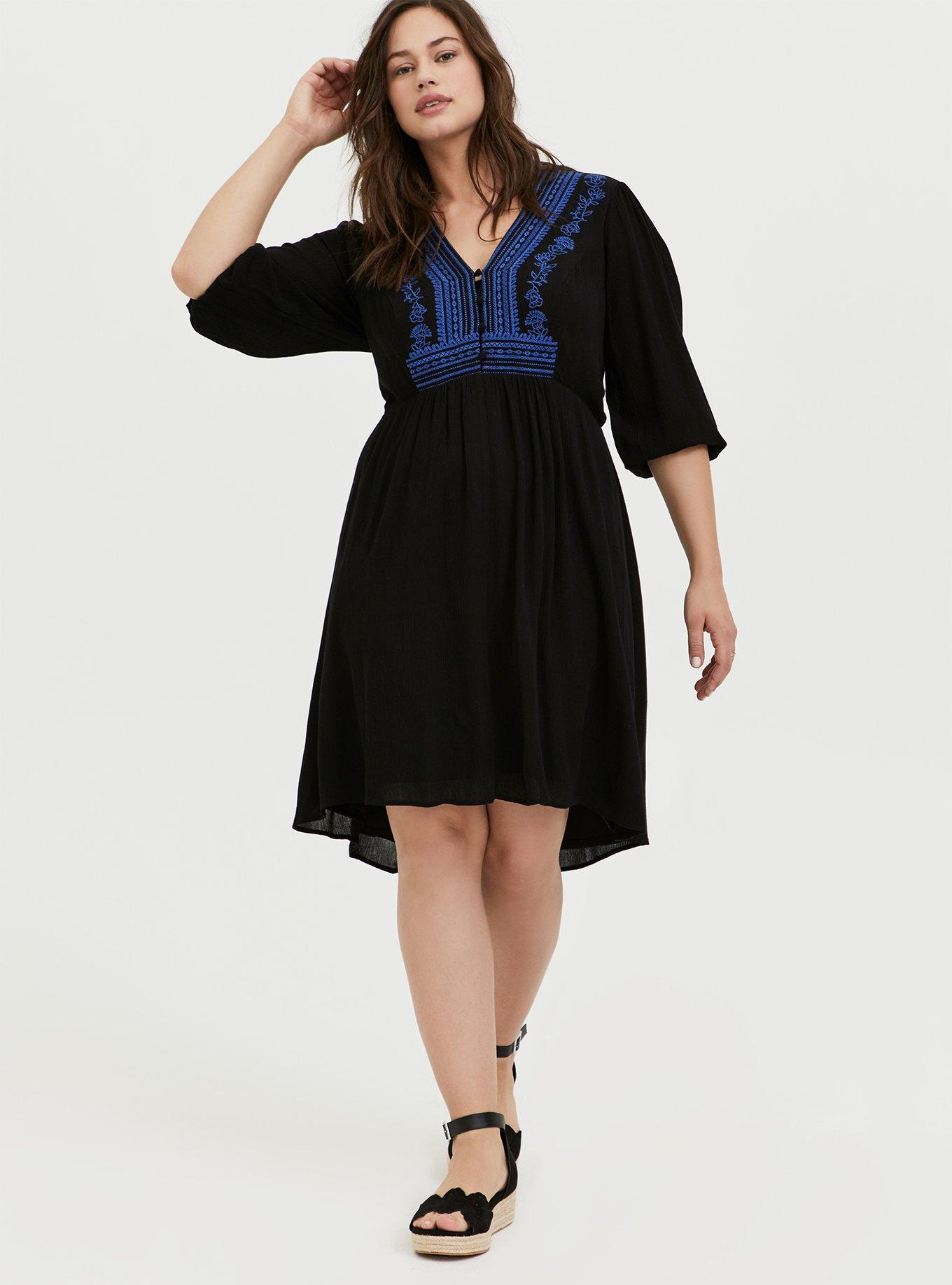 Plus Size Black Gauze Embroidered Button Down HiLo Dress Torrid