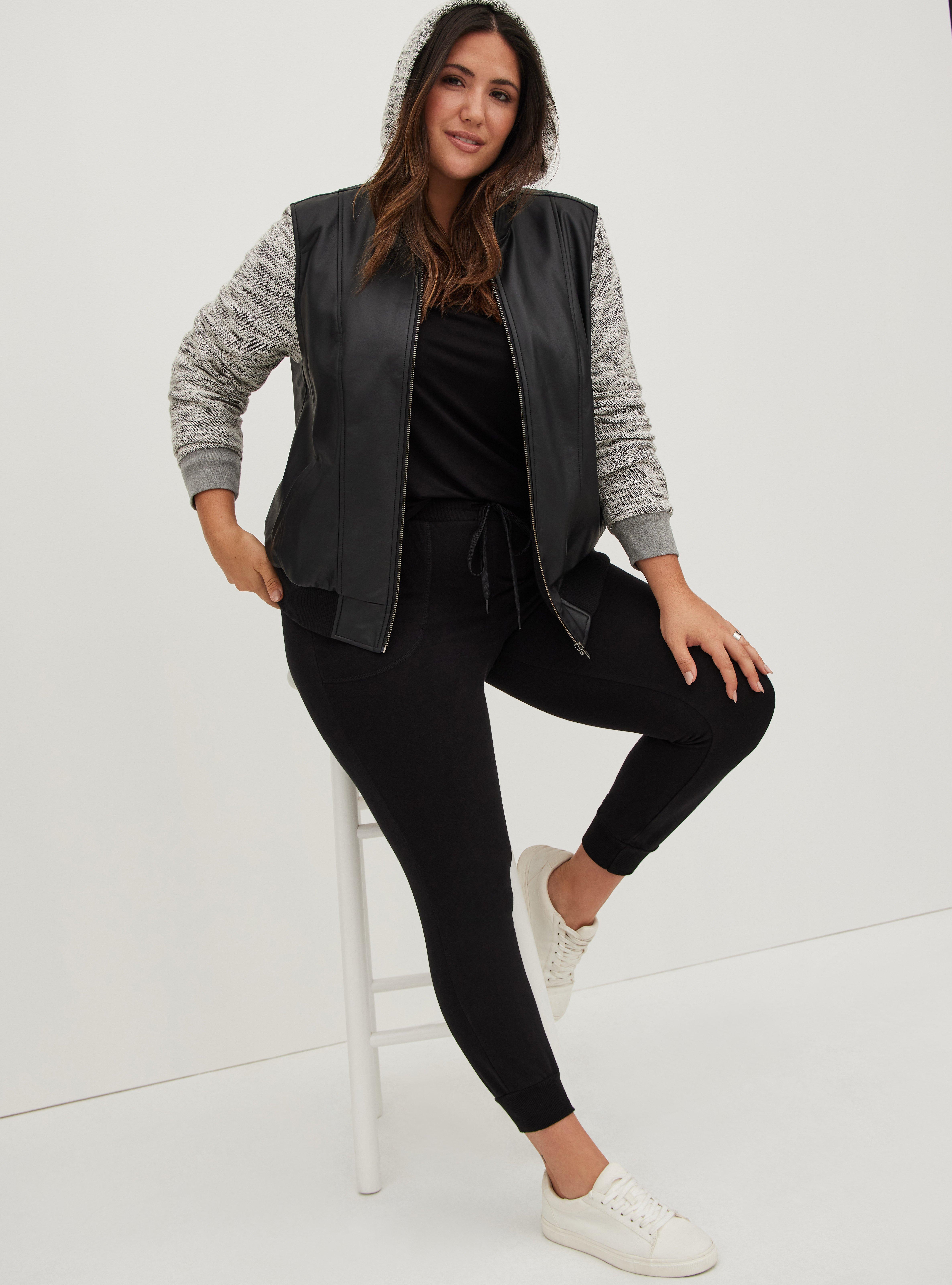 Plus Size Black Faux Leather & Marled Grey Terry Bomber Jacket Torrid