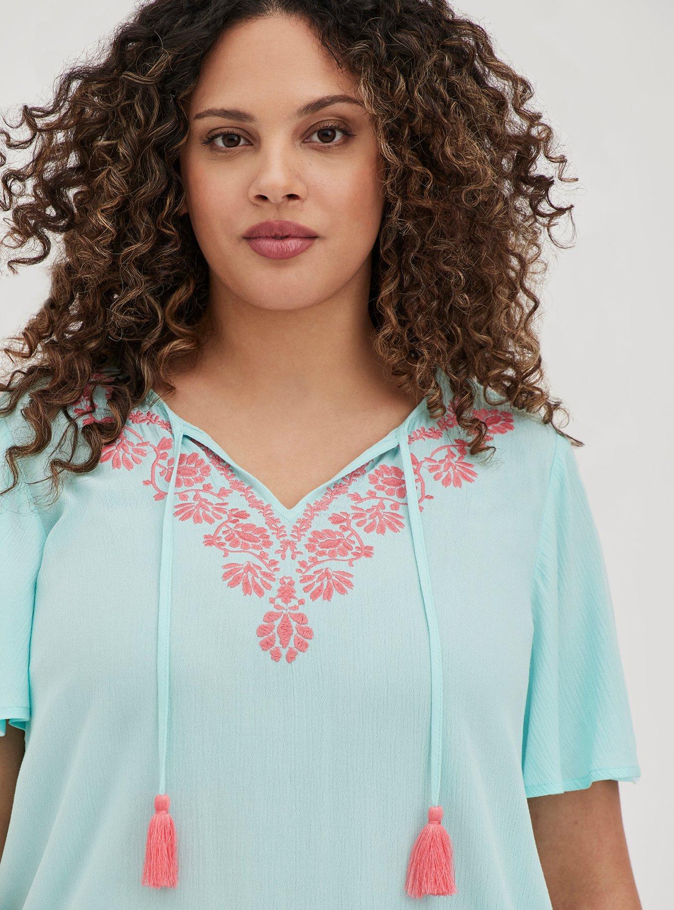 Plus Size Embroidered Blouse Crinkle Gauze Light Blue Torrid