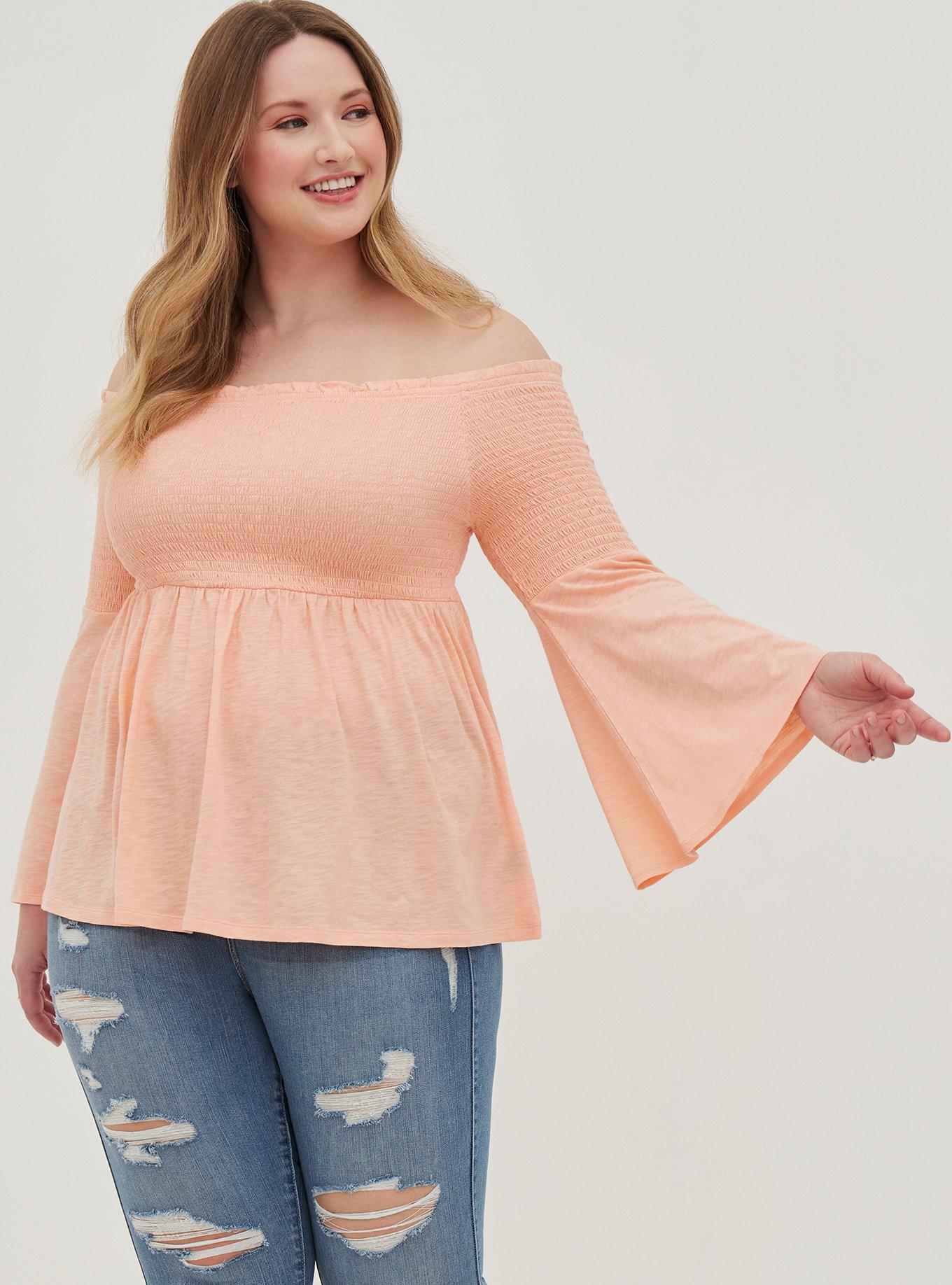 Plus Size Babydoll Knit Smocked OffShoulder Bell Sleeve Top Torrid