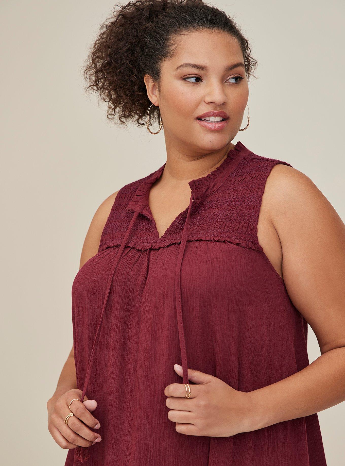 Plus Size Embroidered Tunic Tank Crinkle Gauze Wine Torrid
