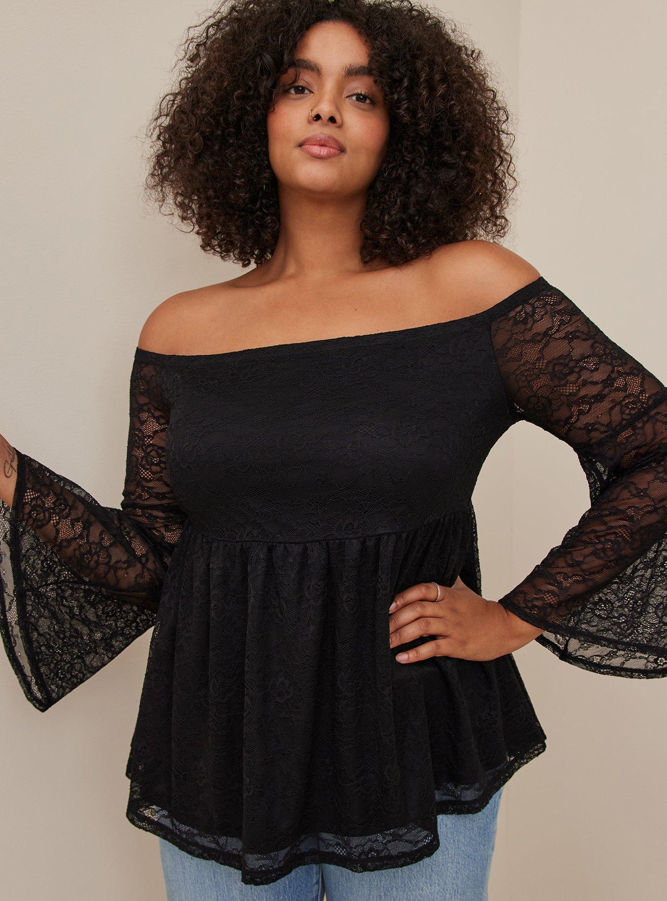 Plus Size Stretch Lace OffShoulder Bell Sleeve Babydoll Top Torrid