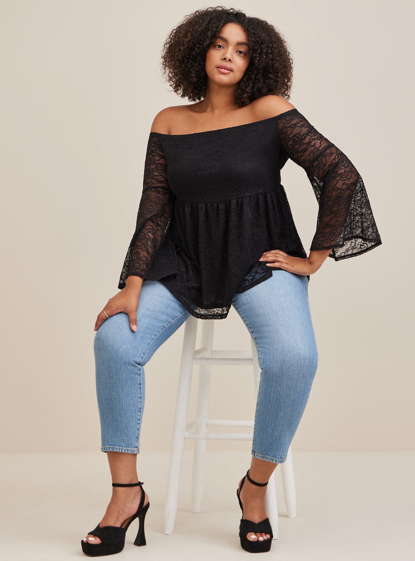 Plus Size Stretch Lace OffShoulder Bell Sleeve Babydoll Top Torrid