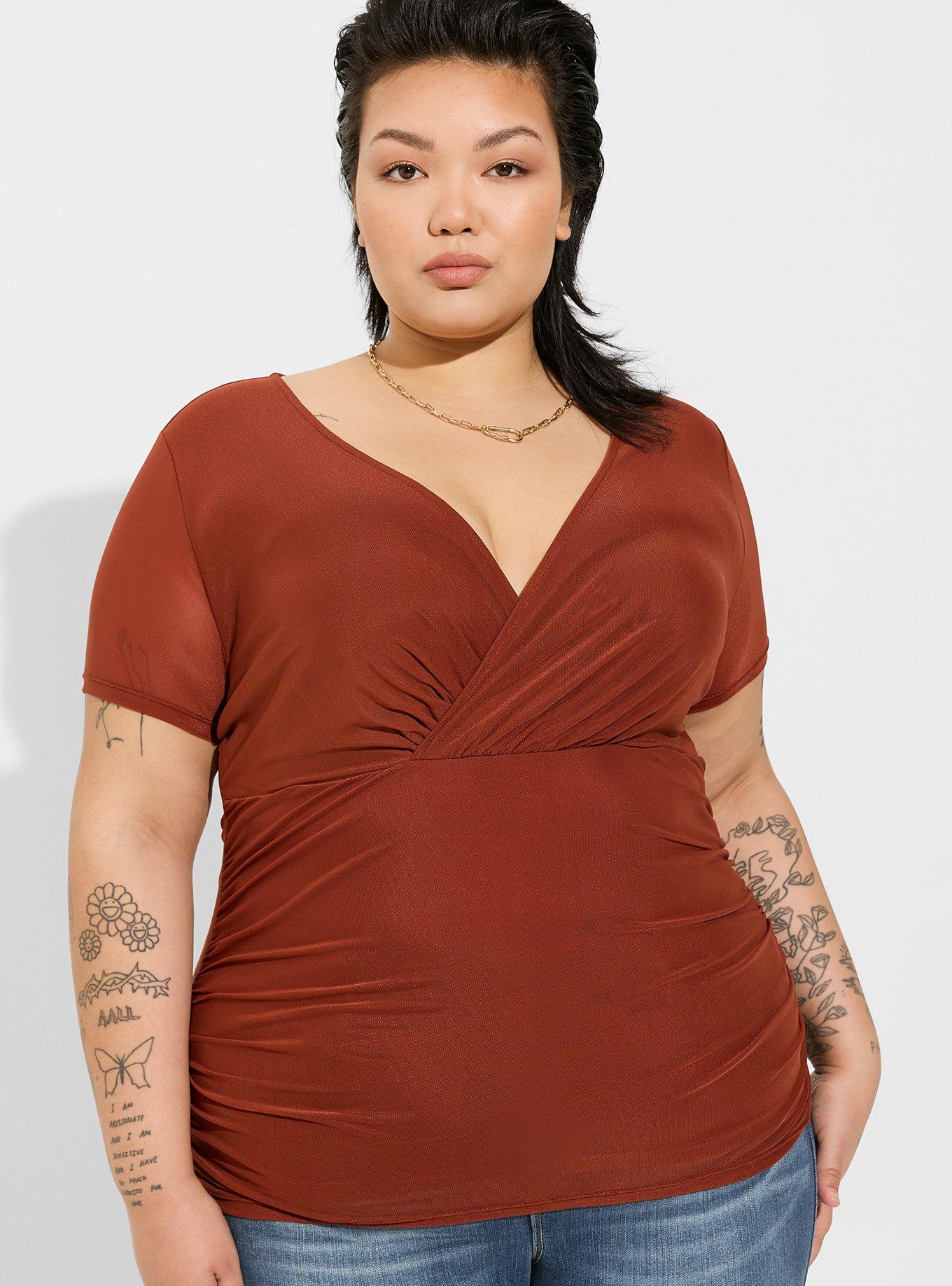 Plus Size Stretch Mesh Surplice Neckline Shirred Top Torrid