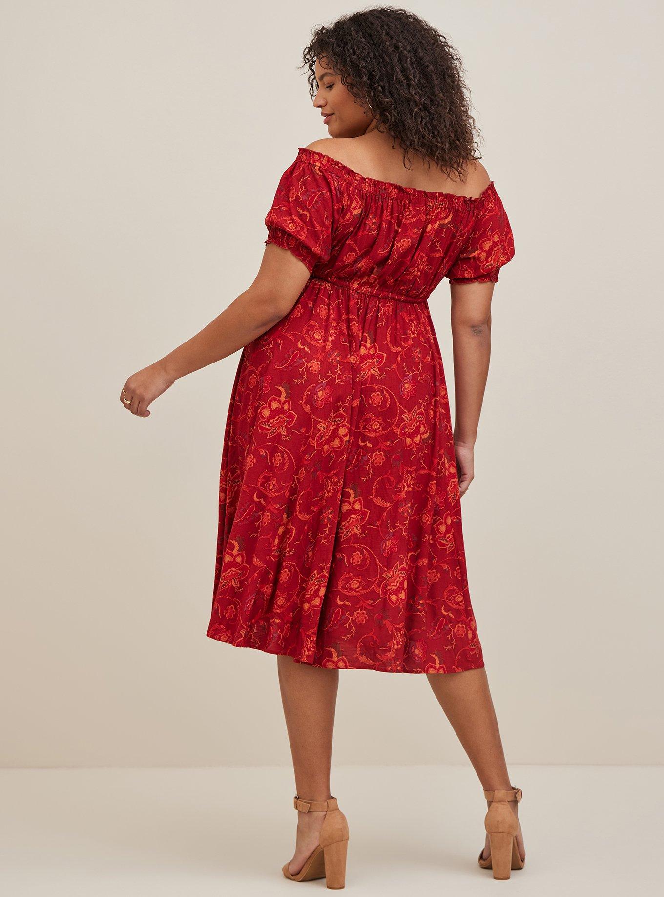 Plus Size Midi Rayon Twill Off Shoulder Peasant Dress Torrid