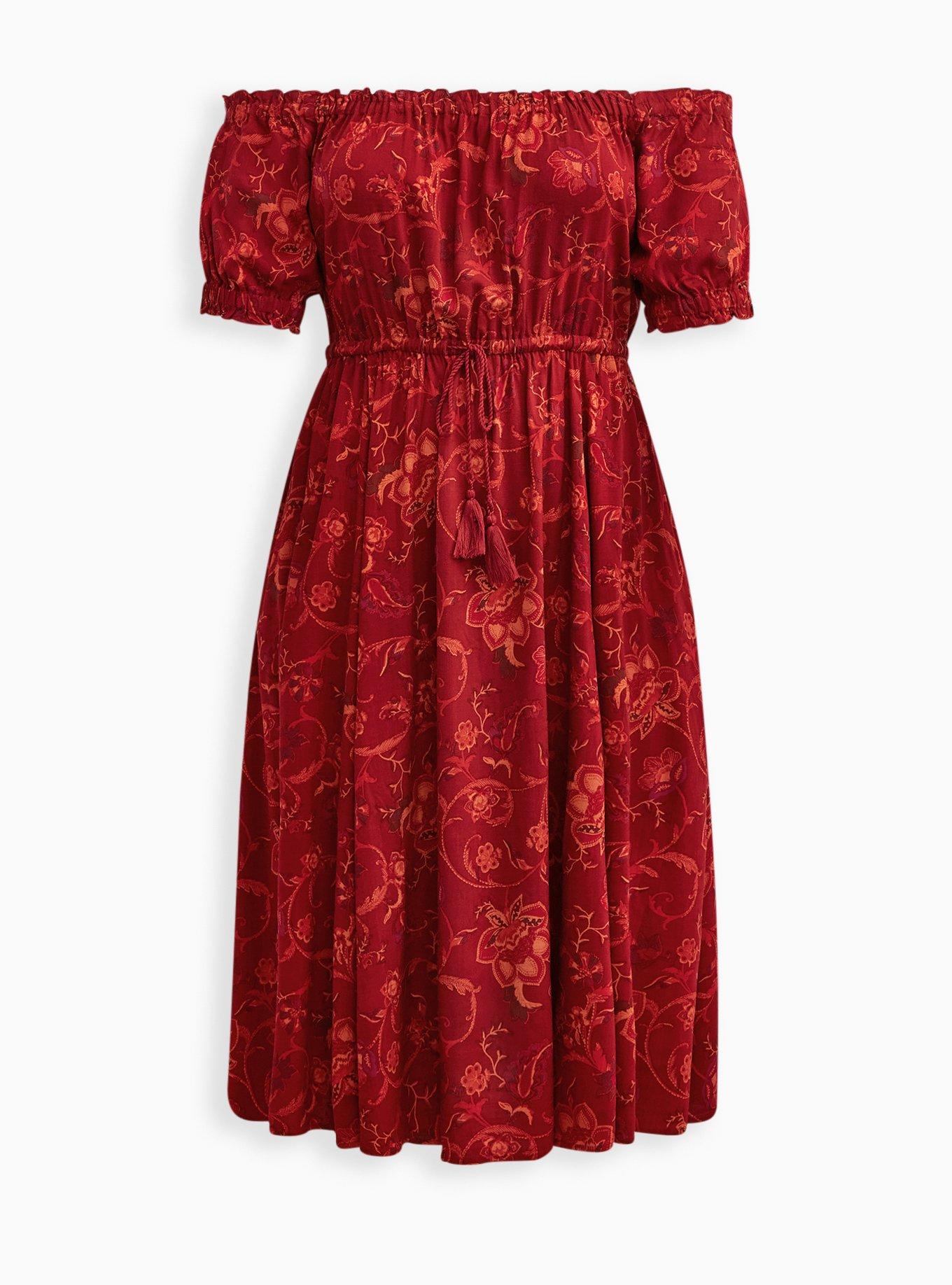 Plus Size Midi Rayon Twill Off Shoulder Peasant Dress Torrid