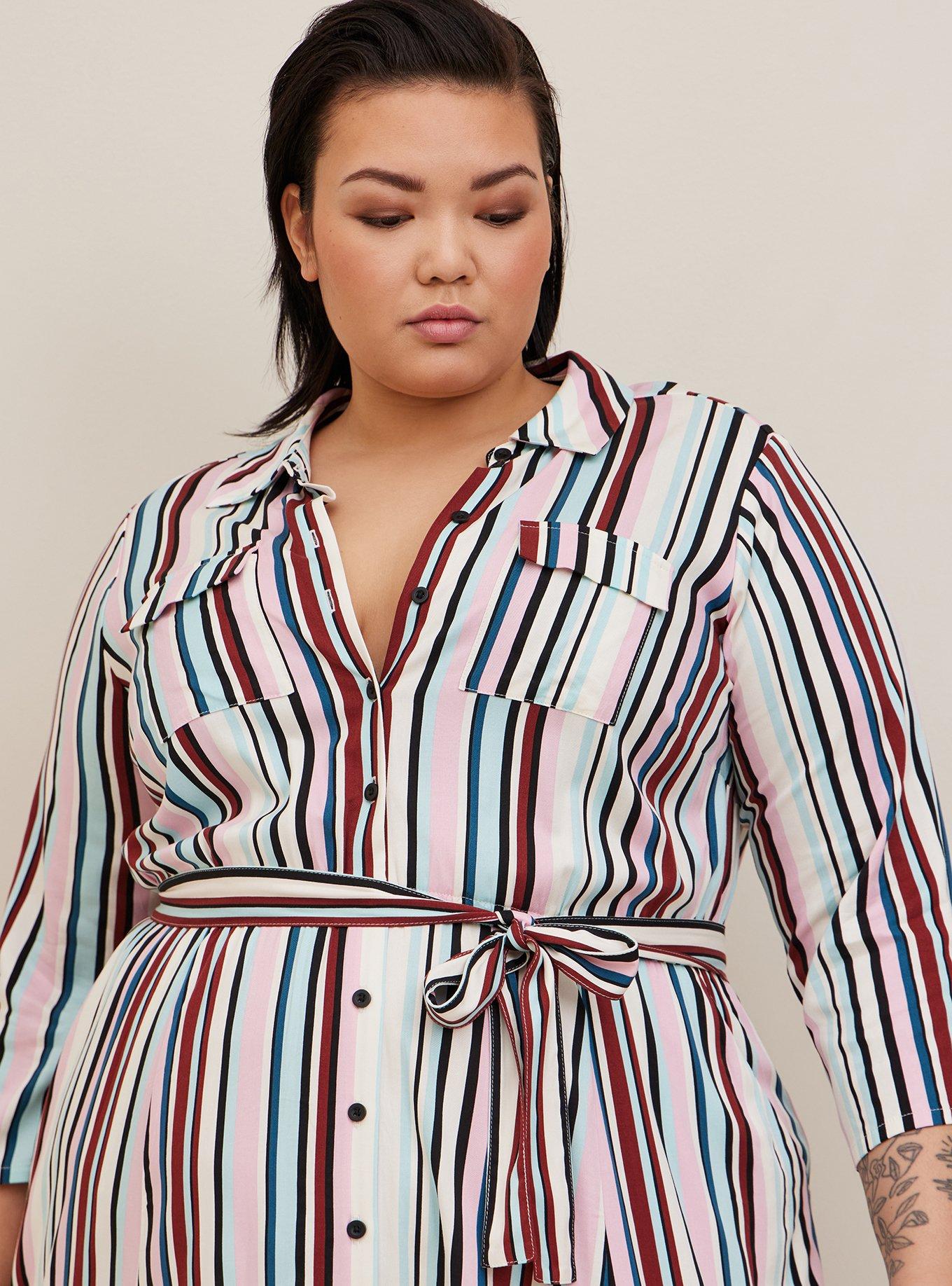 Plus Size Midi Stretch Challis Button Front Shirt Dress Multi Stripe