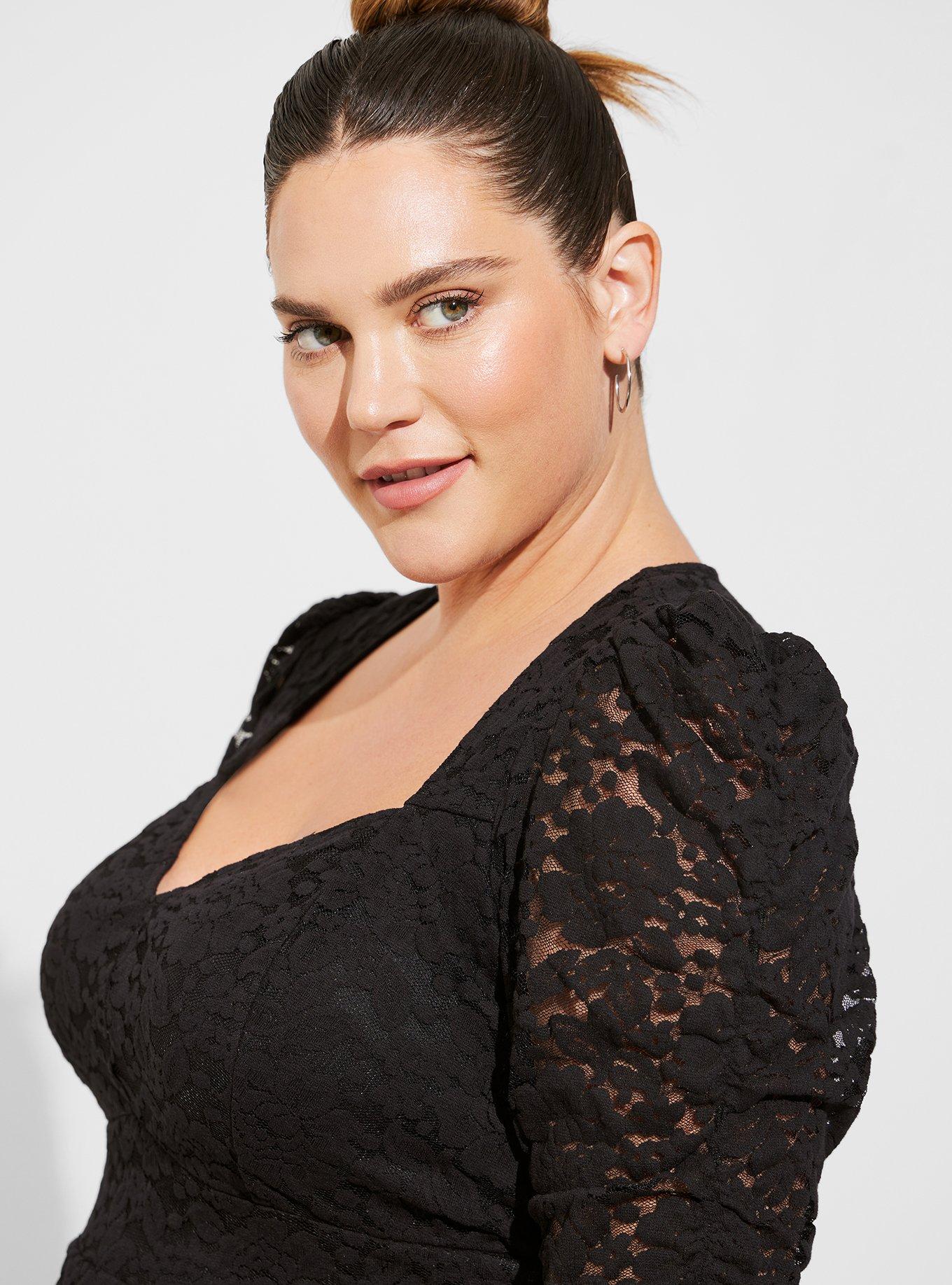 Plus Size Stretch Lace Cinched Elbow Sleeve Peplum Top Torrid