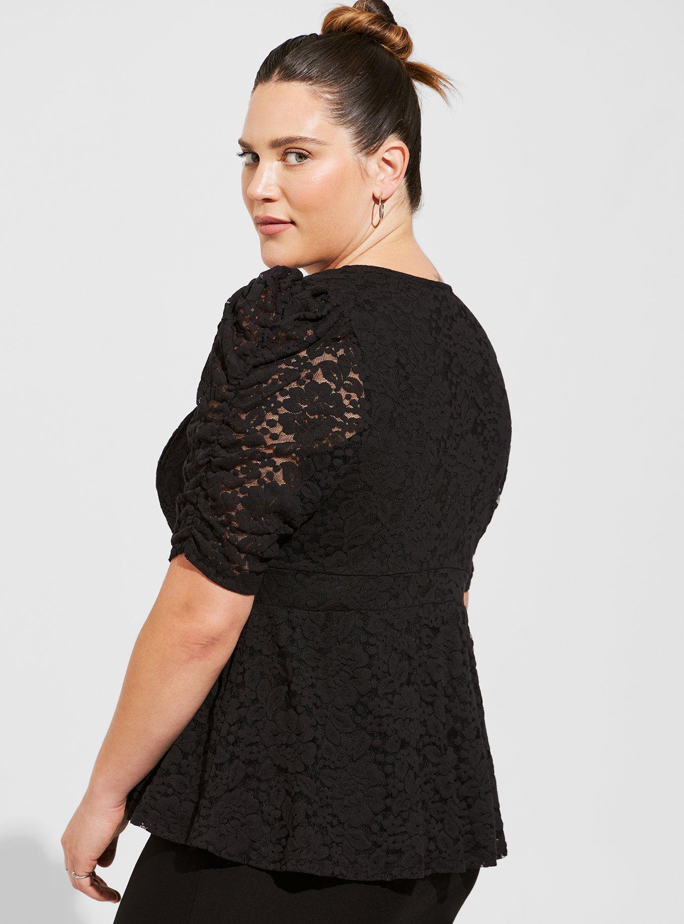 Plus Size Stretch Lace Cinched Elbow Sleeve Peplum Top Torrid