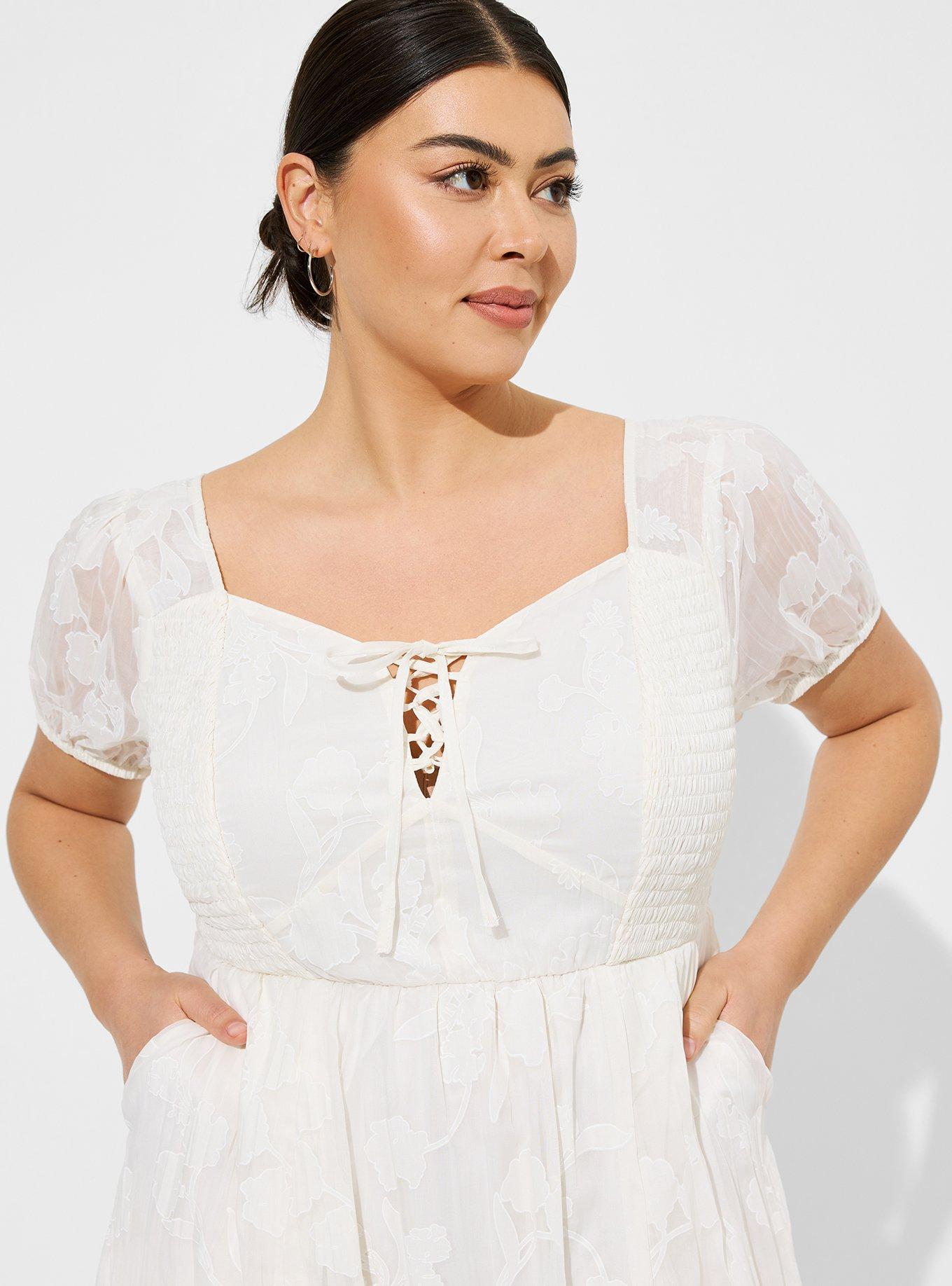 Plus Size Midi Cotton Clip Dot Lace Up Smocked Dress Torrid