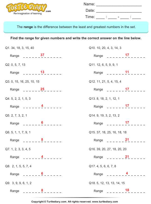 Calculate the Range Worksheet Turtle Diary