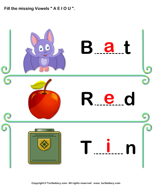 Fill in the Missing Vowels A E I Worksheet Turtle Diary