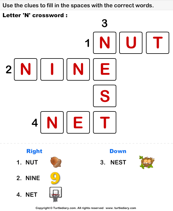 Letter N Crossword Worksheet Turtle Diary