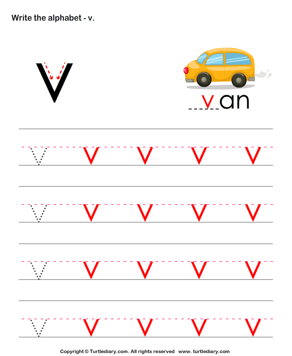Lowercase Alphabet Writing Practice V Worksheet Turtle Diary