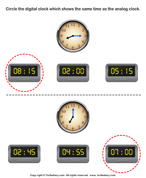 Match Analog Clocks with Digital Clocks Worksheet Turtle Diary