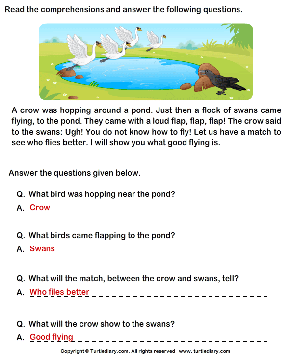 Reading Comprehension Crow Worksheet Turtle Diary