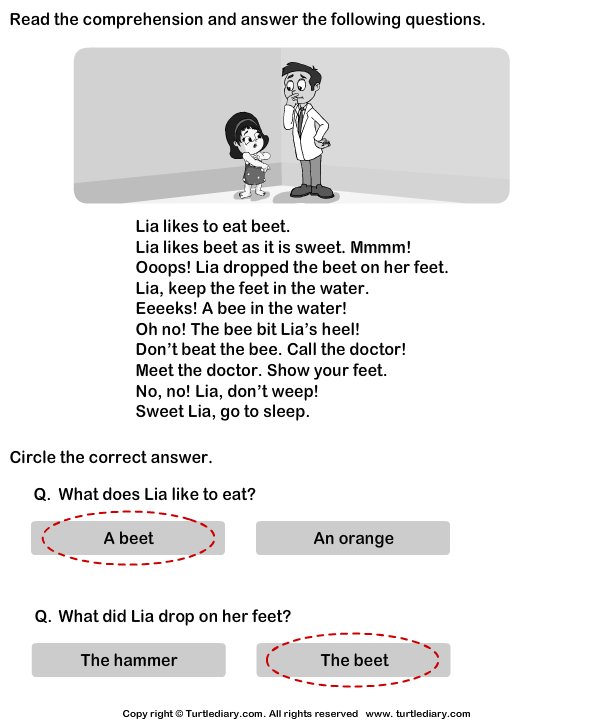 Reading Comprehension Lia and Beet Worksheet Turtle Diary