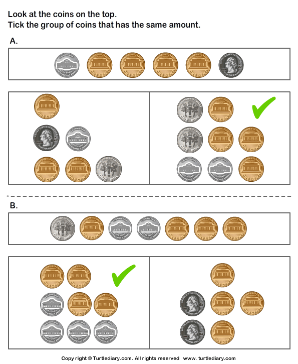 Same Amount with Different Coin Combinations Worksheet Turtle Diary