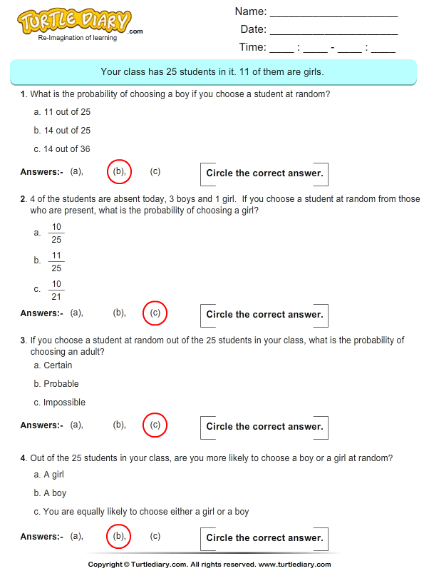 Probability Multiple Choice Questions 6 Worksheet
