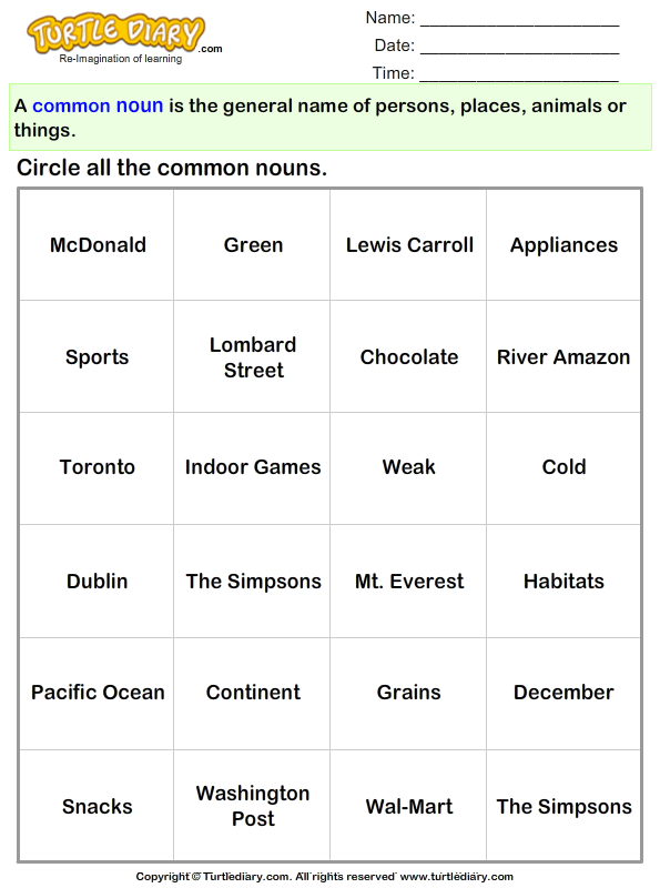 Choose Common Nouns Worksheet Turtle Diary