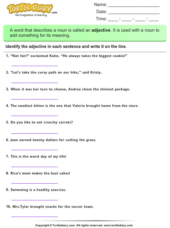 Identify and Write Adjectives Worksheet Turtle Diary