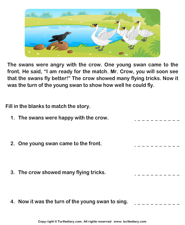 Reading Comprehension Crow and Swans Worksheet Turtle Diary