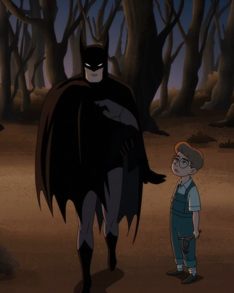 Carrie Kelley looks up at Batman carrying Nocturna under his cape on Batman: Caped Crusader Season 1 Episode 8,