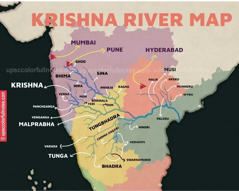 Detailed Krishna river [Map] UPSC Colorfull notes