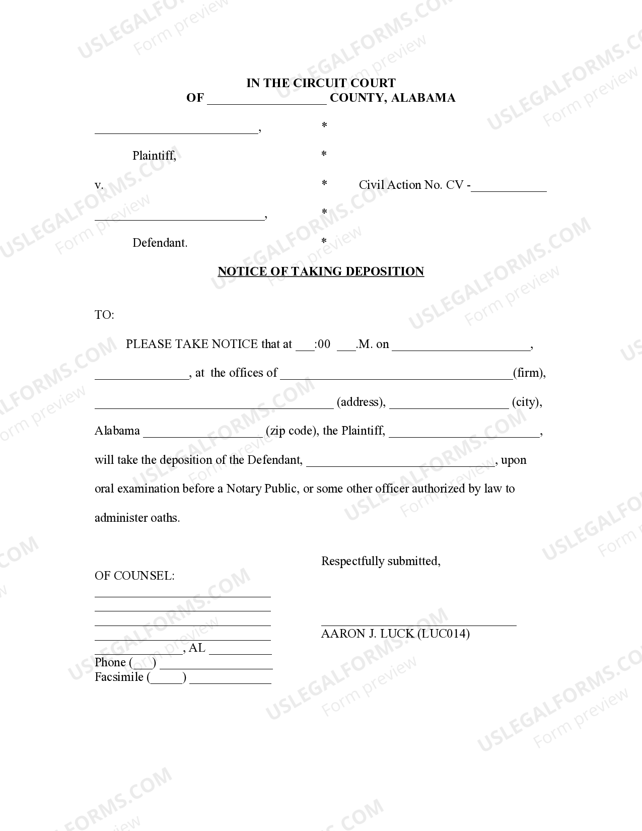 Alabama Notice of Taking Deposition US Legal Forms