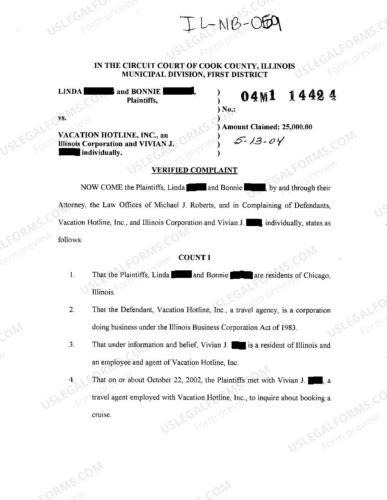 Illinois Verified Complaint alleging Quantum Meruit and Unjust